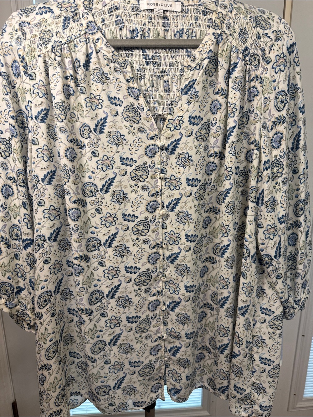 Rose & Olive Cream Blouse with Blue Floral Print